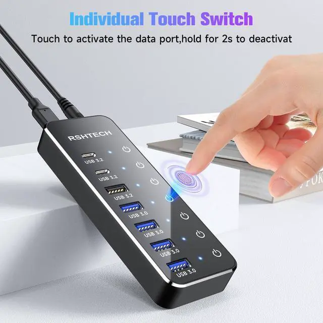 Alt view image 12 of 14 - 7-Port Powered USB 3.2/USB C Hub with 10Gbps USB-A 3.2, 2 USB-C 3.2, 4 USB 3.0 Ports, Individual Touch Switches, 3.3ft Cable and 5V Power Adapter, USB Hub Splitter for Laptop/PC, RSH-ST07C