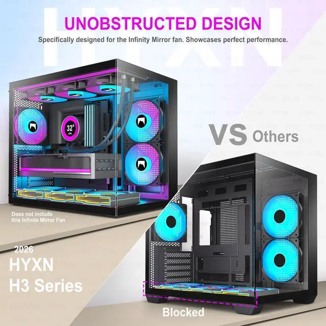 Alt view image 8 of 14 - H3 HYXN ATX PC Case - Pre-Installed with 3 ARGB Fans - Compact Dual Cavity Mid-Tower PC Gaming Case - with Type-C 3.2-360mm Radiator Support, Black