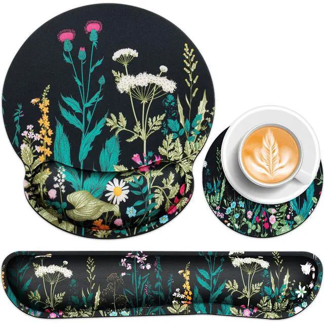 Alt view image 8 of 14 - Mouse Pad with Wrist Rest Set, 3-in-1 Wrist Support Mouse Pad Set, Floral Gaming Mousepad with Anti-Skid Base,Ergonomic Mouse Pad,Memory Foam Keyboard Gel Wrists Rest