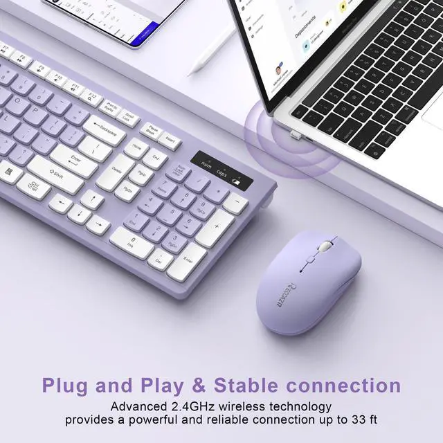 Alt view image 9 of 14 - Wireless Keyboard and Mouse Combo, Full-Sized Wireless Keyboard and Adjustable DPI Mouse, 2.4GHz USB Receiver, Silent Keyboard and Mouse for PC, Windows, MAC, Desktop, Laptop(Purple)