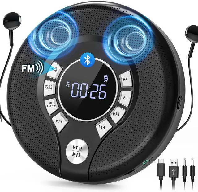 Alt view image 8 of 14 - Portable Bluetooth CD Player with 2000mAh Rechargeable, Personal CD Player for Car with FM Transmitter/AUX, CD Discman Player with Headphone, 120s Anti-Skip, USB Port, Backlight (Black)