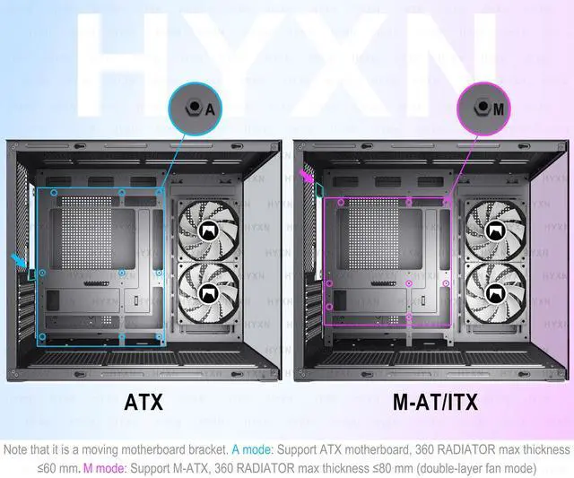 Alt view image 12 of 14 - H3 HYXN ATX PC Case - Pre-Installed with 3 ARGB Fans - Compact Dual Cavity Mid-Tower PC Gaming Case - with Type-C 3.2-360mm Radiator Support, Black