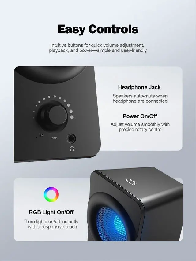 Alt view image 11 of 14 - Computer Speakers for Desktop PC, Dual Driver PC Speakers with RGB Lights, Plug & Play Compact Wired USB Speaker for Laptop & Desktop, USB or USB-C for Power & Audio