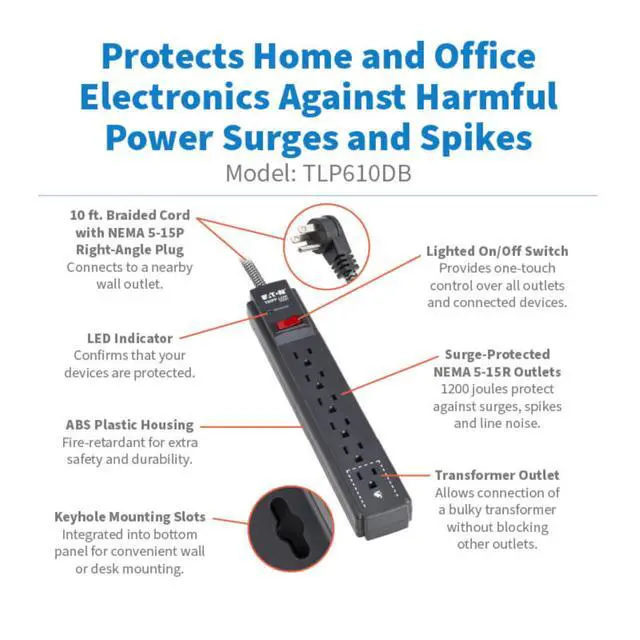 Alt view image 9 of 14 - 6-Outlet Surge Protector Power Strip, Flat Plug 10ft Braided Extension Cord, 1200 Joules, 15A Circuit Breaker, Lifetime Manufacturer's Warranty & $10,000 Insurance (TLP610DB)