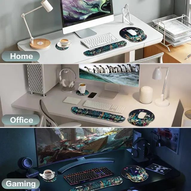 Alt view image 14 of 14 - Mouse Pad with Wrist Rest Set, 3-in-1 Wrist Support Mouse Pad Set, Floral Gaming Mousepad with Anti-Skid Base,Ergonomic Mouse Pad,Memory Foam Keyboard Gel Wrists Rest