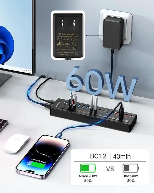 Alt view image 10 of 14 - Powered USB 3.0 Hub, 16 Port USB Hub Powered(Include 2*USB C 3.0+4 Smart Charging Port) with 60W Power Adapter, Support Wall Mount, USB Hub for PC Laptop, Mac, Printer, Camera