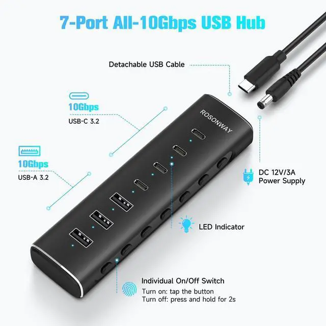 Alt view image 9 of 14 - 7 Ports Powered USB 3.2/USB C Hub 10Gbps with 4 USB-C 3.2, 3 USB-A 3.2 Ports, 3.3ft Cable and 36W(12V/3A) Power Adapter, Aluminum USB Splitter for Laptop, RSH-H7C4