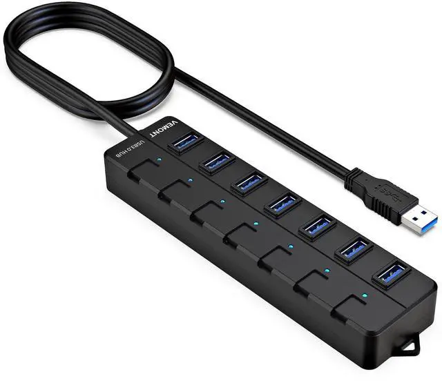 Alt view image 8 of 14 - USB hub,7 Port USB 3.0 Hub,USB Splitter with Individual On/Off Switches and Lights, 4ft/1.2m USB HUB Long Cable, USB Extension for Laptop and PC Computer