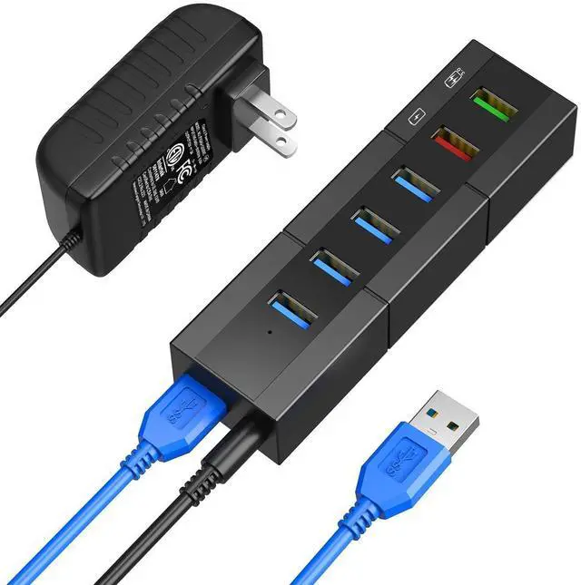 Alt view image 8 of 14 - Powered USB 3.0 Hub, 6 Ports High Speed USB 3.0 Hub Splitter with 24W Power Adapter, 3.3ft Cable and Smart Fast Charger USB Hub for Laptop, PC, Mac, Mobile HDD, Mulitple Devices (Black)