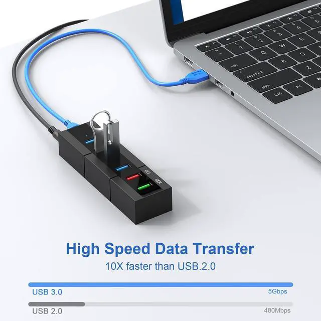 Alt view image 10 of 14 - Powered USB 3.0 Hub, 6 Ports High Speed USB 3.0 Hub Splitter with 24W Power Adapter, 3.3ft Cable and Smart Fast Charger USB Hub for Laptop, PC, Mac, Mobile HDD, Mulitple Devices (Black)