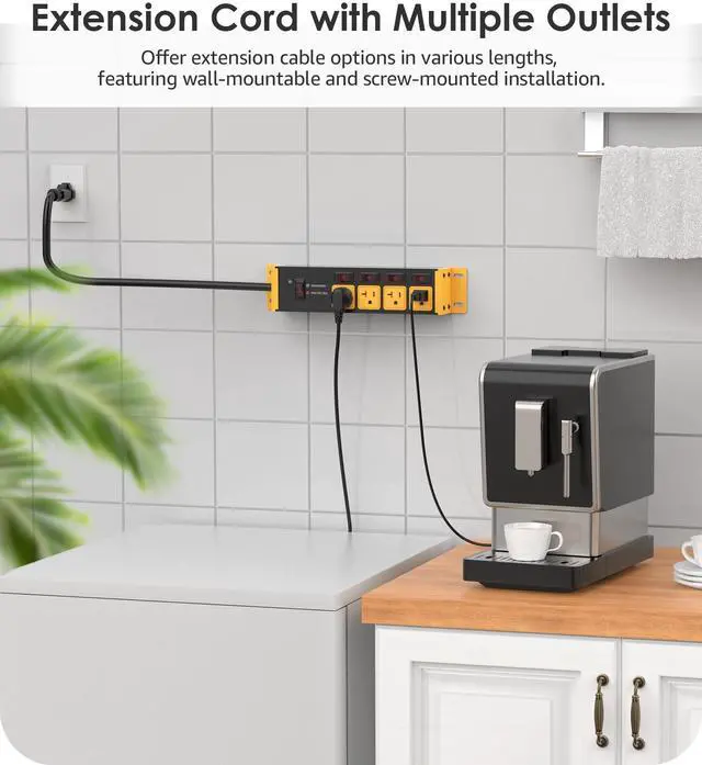 Alt view image 12 of 14 - IHeavy Duty Surge Protector Power Strip 20 Amp Individual Switches. 4FT 12 Gauge Extension Cord with Multiple Outlets. Kitchen, Garage, Shop, Industrial Wall Mount Electric Extender, Yellow.