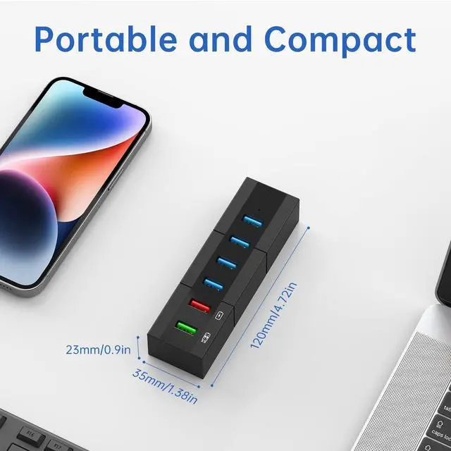 Alt view image 13 of 14 - Powered USB 3.0 Hub, 6 Ports High Speed USB 3.0 Hub Splitter with 24W Power Adapter, 3.3ft Cable and Smart Fast Charger USB Hub for Laptop, PC, Mac, Mobile HDD, Mulitple Devices (Black)