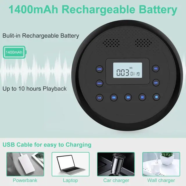Alt view image 12 of 14 - Rechargeable Portable CD Player with Built-in Speakers, CD Player for Car and Personal Use, Anti-Skip Player with Headphones