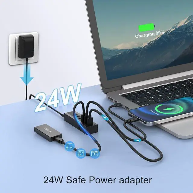 Alt view image 12 of 14 - Powered USB 3.0 Hub, 6 Ports High Speed USB 3.0 Hub Splitter with 24W Power Adapter, 3.3ft Cable and Smart Fast Charger USB Hub for Laptop, PC, Mac, Mobile HDD, Mulitple Devices (Black)