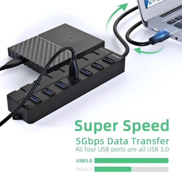 Alt view image 13 of 14 - USB hub,7 Port USB 3.0 Hub,USB Splitter with Individual On/Off Switches and Lights, 4ft/1.2m USB HUB Long Cable, USB Extension for Laptop and PC Computer