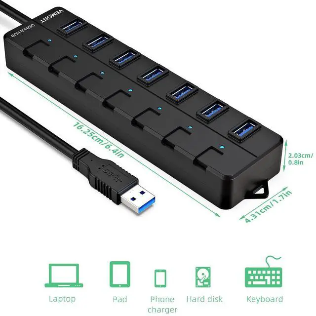 Alt view image 14 of 14 - USB hub,7 Port USB 3.0 Hub,USB Splitter with Individual On/Off Switches and Lights, 4ft/1.2m USB HUB Long Cable, USB Extension for Laptop and PC Computer