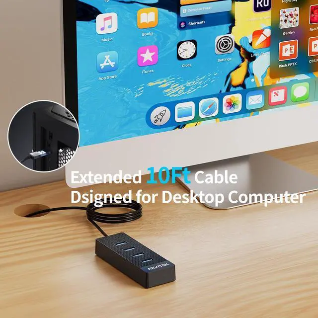 Alt view image 11 of 14 - 10Ft 4-Port USB 3.0 Hub for Desktop, USB Extender Hub 5Gbps, USB Multiport Adapter, USB Splitter w/Long Cable for Desktop, PC, Flash Drive, Mobile HDD, USB Fan (10 Foot / 3m)