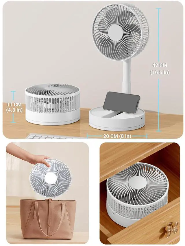 Alt view image 11 of 14 - Desk Fan, 8-Inch Oscillating Portable Fan Rechargeable, 24H Run, 90° Rotate Small Fan for Bedroom, 4 Speeds8H Timer Quiet Mini Travel Fan, Battery Powered USB Fans for OfficeHome, White
