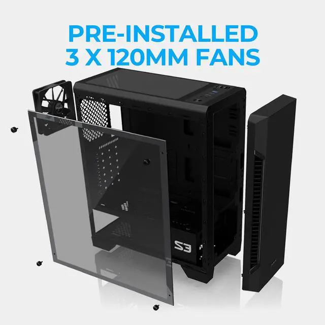 Alt view image 10 of 14 - S3 - ATX Mid-Tower PC Case - Full Acrylic Side Panel - 3x Case Fan 120mm Pre-Installed, Black