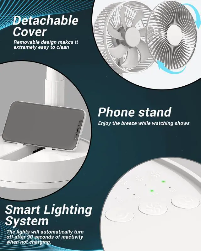 Alt view image 12 of 14 - Desk Fan, 8-Inch Oscillating Portable Fan Rechargeable, 24H Run, 90° Rotate Small Fan for Bedroom, 4 Speeds8H Timer Quiet Mini Travel Fan, Battery Powered USB Fans for OfficeHome, White