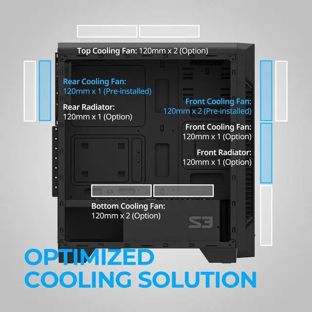 Alt view image 13 of 14 - S3 - ATX Mid-Tower PC Case - Full Acrylic Side Panel - 3x Case Fan 120mm Pre-Installed, Black