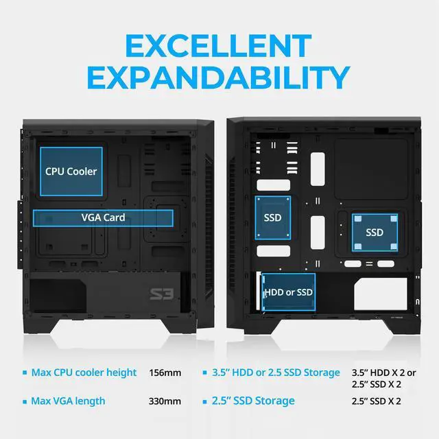 Alt view image 12 of 14 - S3 - ATX Mid-Tower PC Case - Full Acrylic Side Panel - 3x Case Fan 120mm Pre-Installed, Black