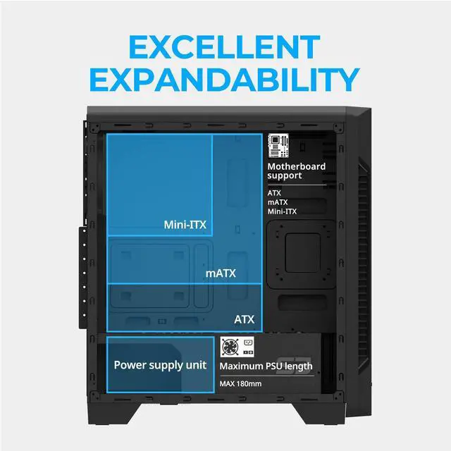 Alt view image 11 of 14 - S3 - ATX Mid-Tower PC Case - Full Acrylic Side Panel - 3x Case Fan 120mm Pre-Installed, Black