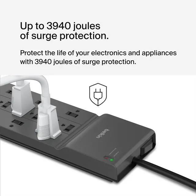 Alt view image 10 of 14 - 12-Outlet Surge Protector Power Strip w/ 12 AC Outlets & 8ft Flat Plug, UL-Listed Heavy-Duty Extension Cord for Home, Office, Travel, Computer, Laptop, Charger - 3,940 Joules of Protection
