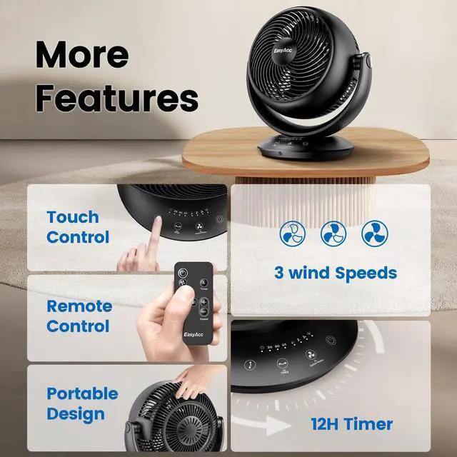 Alt view image 12 of 14 - Ultra Quiet Fans for Bedroom 25dB, 3D Auto Air Circulator Desk Fan with Remote, 90° Vertical+90° Oscillating Fan, Powerful Airflow, 12H Timer, 12 Inch Table Fan for Desk Bedroom Office Home