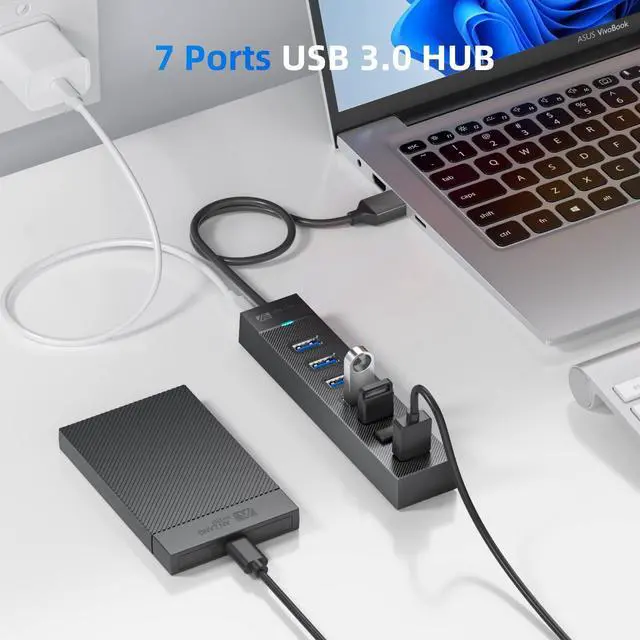 Alt view image 9 of 14 - 7 Ports USB Hub 3.0, USB 3.0 Hub, 5Gbps HighSpeed Data USB Extender for Laptop, USB Flash Drive, Mobile HDD, Printer, Camera, Keyboard, Mouse, Windows/XPS (1.6FT)50cm