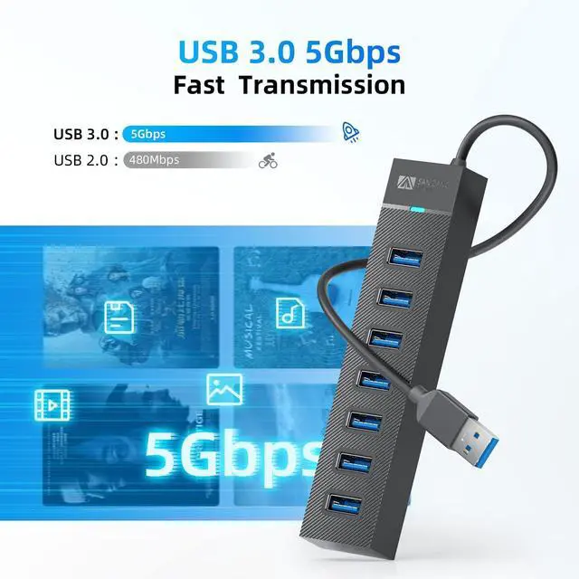 Alt view image 10 of 14 - 7 Ports USB Hub 3.0, USB 3.0 Hub, 5Gbps HighSpeed Data USB Extender for Laptop, USB Flash Drive, Mobile HDD, Printer, Camera, Keyboard, Mouse, Windows/XPS (1.6FT)50cm
