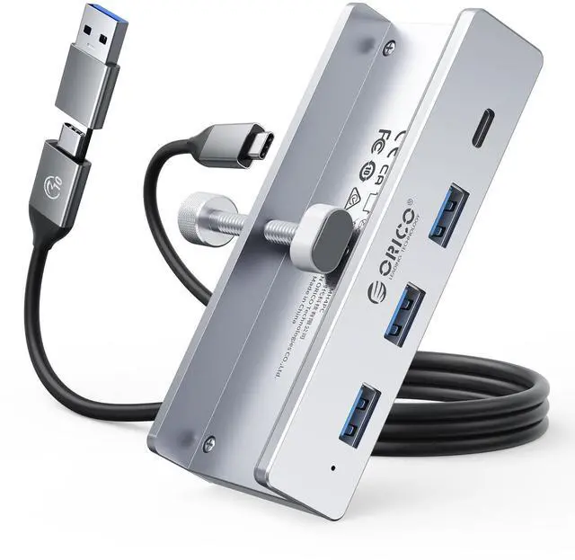 Alt view image 8 of 14 - USB Hub 3.0, Clamp USB Hub with Extra Power Port, 3 USB-A Data Ports, USB-C Port for Monitors, Desks(Silver)