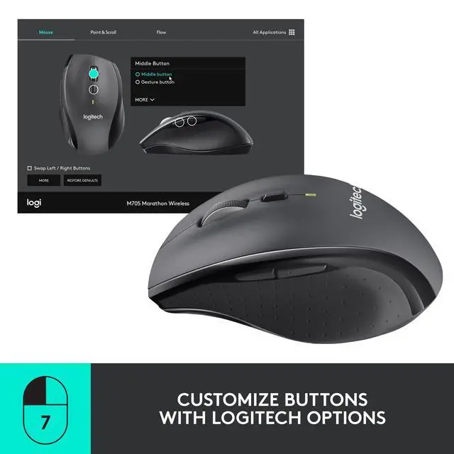 Alt view image 11 of 14 - M705 Marathon Wireless Mouse, Gaming Mouse Wireless, 2.4 GHz USB-A Receiver, 5-Programmable Buttons, 3-Year Battery, PC, Mac, Laptop, Chromebook - Black
