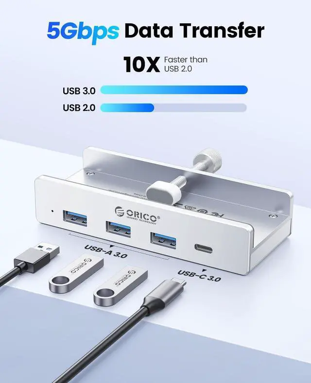 Alt view image 9 of 14 - USB Hub 3.0, Clamp USB Hub with Extra Power Port, 3 USB-A Data Ports, USB-C Port for Monitors, Desks(Silver)