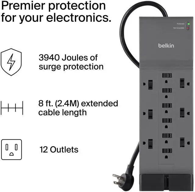 Alt view image 9 of 14 - 12-Outlet Surge Protector Power Strip w/ 12 AC Outlets & 8ft Flat Plug, UL-Listed Heavy-Duty Extension Cord for Home, Office, Travel, Computer, Laptop, Charger - 3,940 Joules of Protection