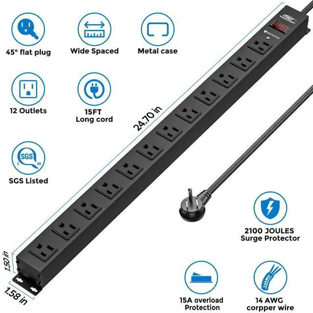 Alt view image 8 of 12 - 12-Outlet Long Power Strip with 15FT Cord, 2100 Joules Heavy Duty Surge Protector Mountable Power Strip, Wide Spaced Outlets for Industrial Garage Commercial(15A/1875W)