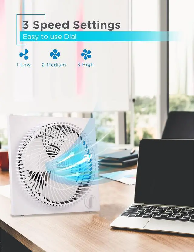 Alt view image 10 of 14 - 9-Inch Frameless Box Fan, Freestanding Desk Fan with 3-Speed Settings, Portable Fan for Home Office or Garage, BFB09W, White