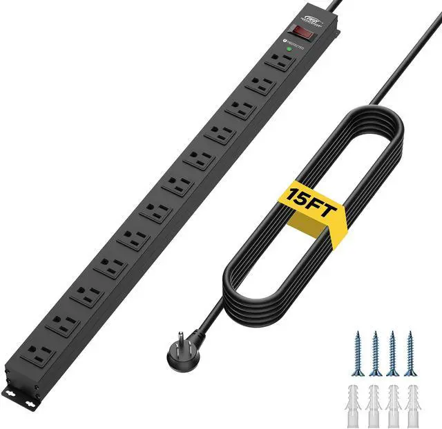 Alt view image 7 of 12 - 12-Outlet Long Power Strip with 15FT Cord, 2100 Joules Heavy Duty Surge Protector Mountable Power Strip, Wide Spaced Outlets for Industrial Garage Commercial(15A/1875W)