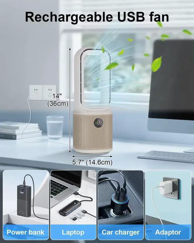 Alt view image 12 of 14 - 14 Inch Bladeless Desk Fan, USB Rechargeable Personal Cooling Fan, Small Ultra Quiet, 9 Wind Speeds, 3 LED Night Light, 60° Oscillation, 1-9H Timer, Child & Pet Safe for Home Office Bedroom Desktop