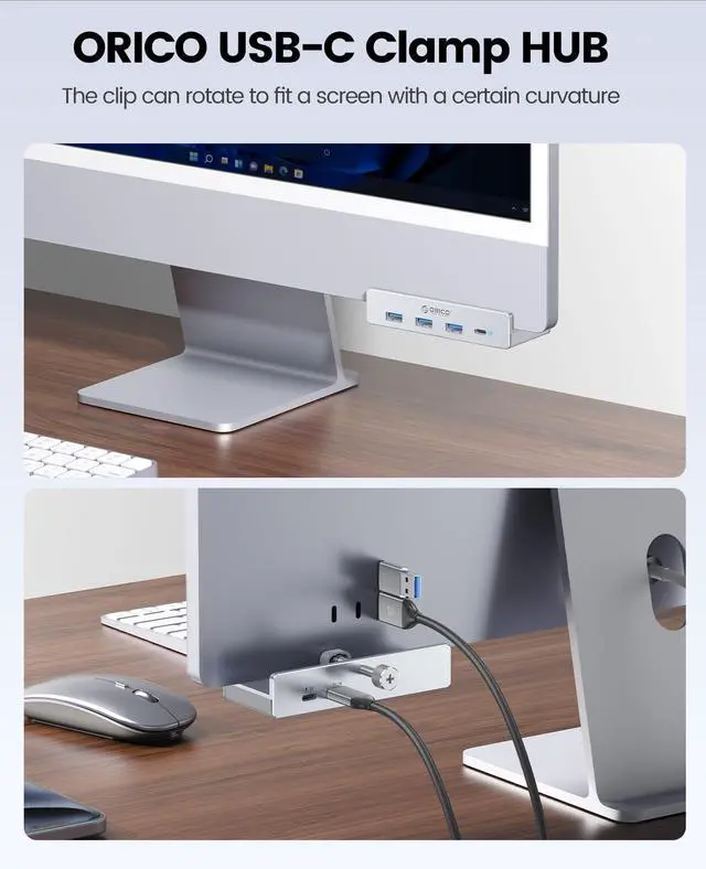 Alt view image 10 of 14 - USB Hub 3.0, Clamp USB Hub with Extra Power Port, 3 USB-A Data Ports, USB-C Port for Monitors, Desks(Silver)