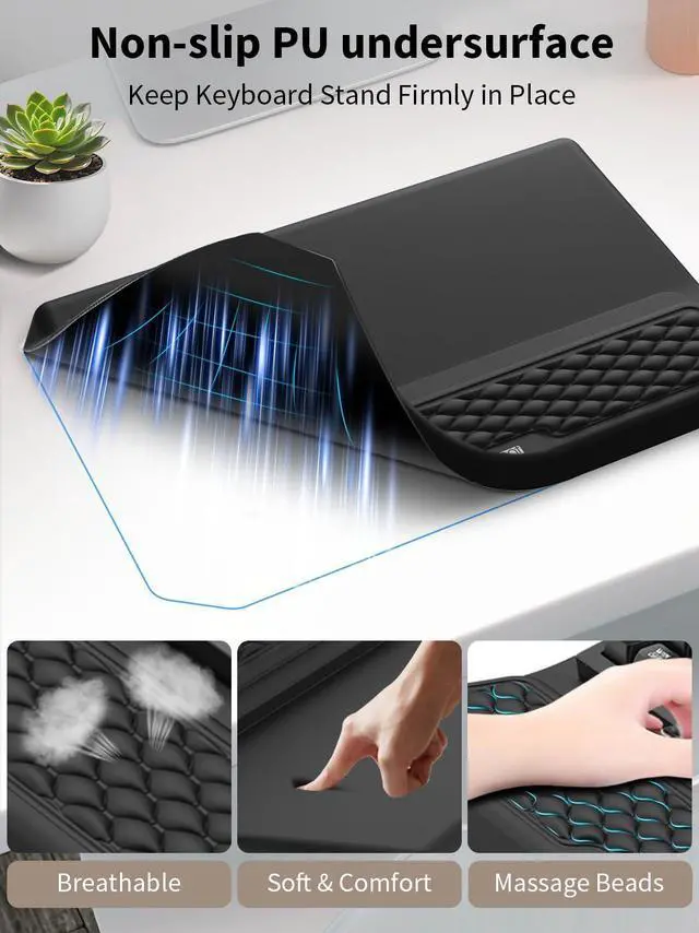 Alt view image 13 of 14 - 3-in-1 Ergonomic Keyboard Stand with Wrist Rest & Mouse Pad Set, Comfy Keyboard Riser Holder Soft Mousepad with Massage Design, Memory Foam and Non-Slip PU Base for Pain Relief, Black