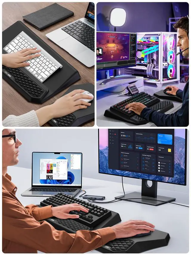 Alt view image 14 of 14 - 3-in-1 Ergonomic Keyboard Stand with Wrist Rest & Mouse Pad Set, Comfy Keyboard Riser Holder Soft Mousepad with Massage Design, Memory Foam and Non-Slip PU Base for Pain Relief, Black