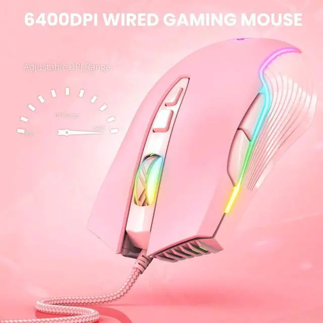 Alt view image 11 of 14 - RGB Gaming Mouse Wired, USB Optical Computer Mice with RGB Backlit, 6 Adjustable DPI Up to 6400, Ergonomic Gamer Laptop PC Mouse with 7 Programmable Buttons for Windows Vista Linux (Pink)