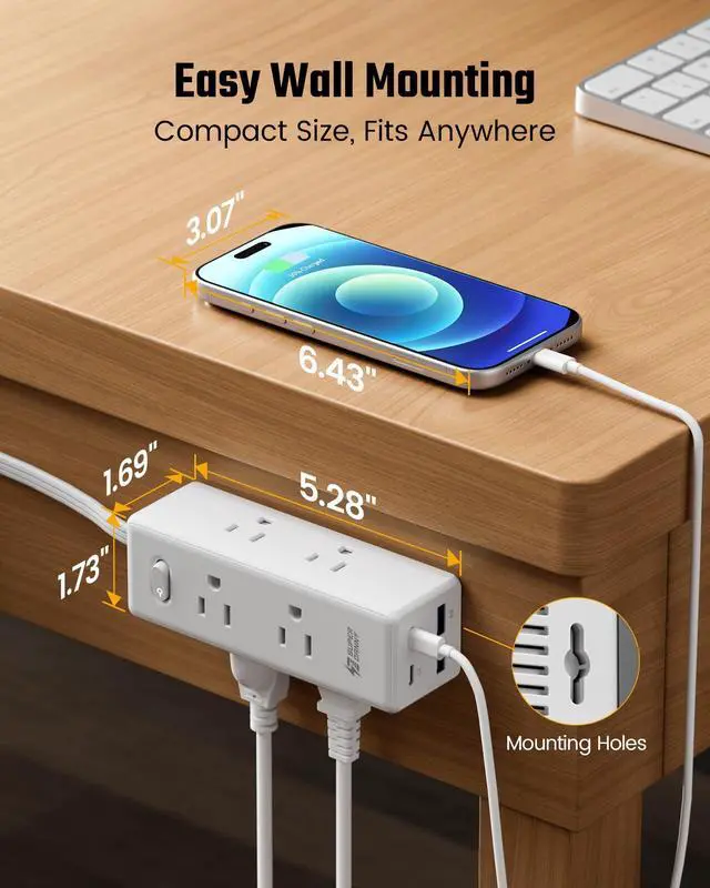 Alt view image 11 of 14 - 15 Ft Extension Cord with Multiple Outlets, Long Extension with 6 Outlets 4 USB Ports(2 USB C), Flat Plug Surge Protector Power Strip for Home, Office Supplies, Dorm Essentials