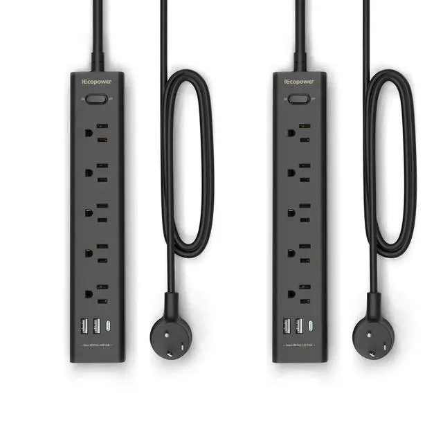 Alt view image 8 of 14 - 2 Pack Power Strip Surge Protector-5 Widely Spaced Outlets 3 USB Ports(1 USB C Port),1250W/10A with 5Ft Extension Cord, Power Strips with Surge Protection, Wall Mount for Home Office,Black