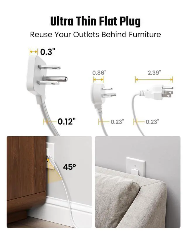 Alt view image 14 of 14 - 15 Ft Extension Cord with Multiple Outlets, Long Extension with 6 Outlets 4 USB Ports(2 USB C), Flat Plug Surge Protector Power Strip for Home, Office Supplies, Dorm Essentials