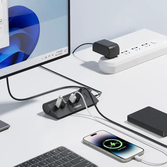 Alt view image 11 of 14 - Powered USB Hub, 7-Port USB 3.0 Hub, Aluminum USB Data Hub with 3.3ft Cable, USB Hub 3.0 Powered with 20W Power Adapter for MacBook, Mac Pro/mini, iMac, XPS, PC, USB-Flash Drives, etc. (Black)