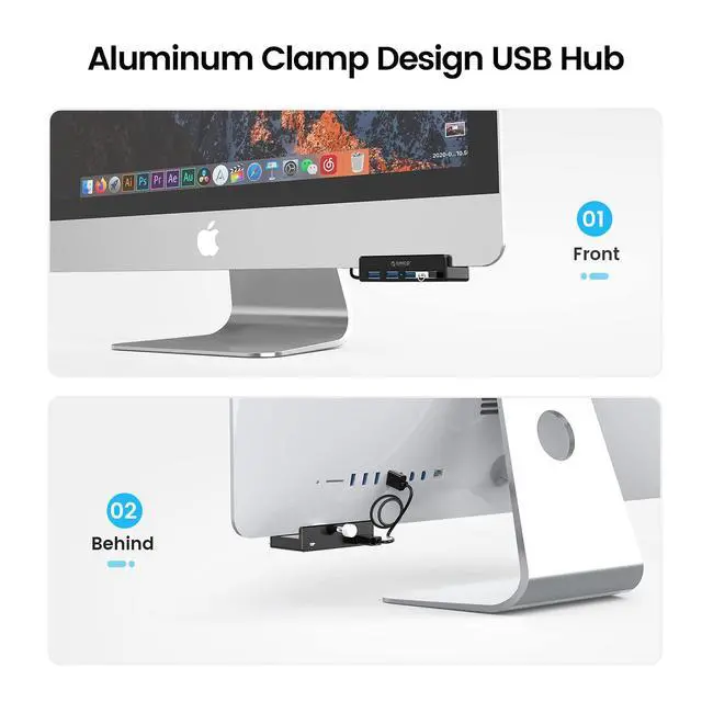 Alt view image 9 of 14 - USB 3.0 Hub, USB Hub Clamp, Aluminum 4-Port USB Splitter with Extra Power Supply Port and 4.92 FT USB Data Cable, Desktop Powered USB Hub for Monitors/Desks-Black (Without Power Adapter)