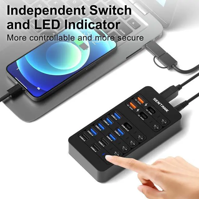 Alt view image 12 of 14 - Powered USB Hub,14 Ports USB Data Hub Splitter with 6 USB 3.0 Port,4 Charging Port,1 USB-C 3.0 Data Port,1 PD 60W Charging Port w LED Individual On/Off Switches for MacBook,Mac Pro,Laptop/PC