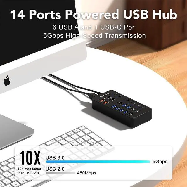 Alt view image 10 of 14 - Powered USB Hub,14 Ports USB Data Hub Splitter with 6 USB 3.0 Port,4 Charging Port,1 USB-C 3.0 Data Port,1 PD 60W Charging Port w LED Individual On/Off Switches for MacBook,Mac Pro,Laptop/PC